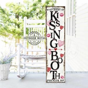 ToeFishArt Kissing Booth Be Mine Step Right Up Valentine's Seasonal Decoration Vertical Porch Greeter Canvas or Outdoor Metal Vertical Porch Leaner Sign Decor with Color Options Available for your Front Door Entryway Welcome Holiday Seasonal Curb Appeal Outdoor Decoration handmade by woman-owned USA small family business ToeFishArt. Original, custom, personalized wall decor signs. Canvas, Wood or Metal. Rustic modern farmhouse, cottagecore, vintage, retro, industrial, Americana, primitive, country, coastal, minimalist.