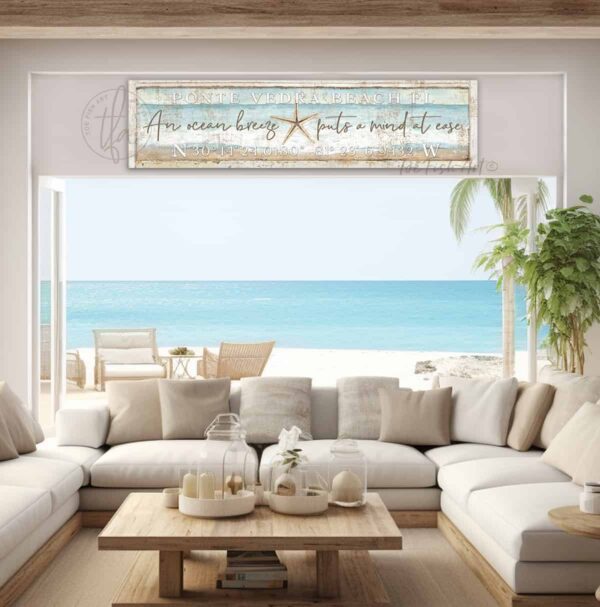 ToeFishArt Personalized Coastal Beach Sign, an ocean breeze puts a mind at ease, Canvas or Outdoor Exterior Commercial-Grade durable Metal Sign handmade in the USA and built to last a lifetime by the Toe Fish Art family artisans. Add your city, state, beach location name, latitude and longitude coordinates to this beautiful vibrant colorful serene beach waves scene nautical artwork for unique, beautiful eye-catching appeal indoors and outdoors. Original, custom, personalized wall decor signs. Canvas, Wood or Metal. Rustic modern farmhouse, cottagecore, vintage, retro, industrial, Americana, primitive, country, coastal, minimalist.
