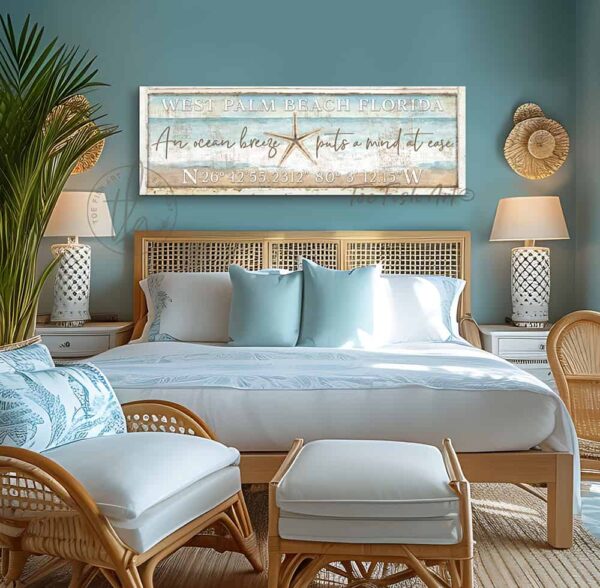 ToeFishArt Personalized Coastal Beach Sign, an ocean breeze puts a mind at ease, Canvas or Outdoor Exterior Commercial-Grade durable Metal Sign handmade in the USA and built to last a lifetime by the Toe Fish Art family artisans. Add your city, state, beach location name, latitude and longitude coordinates to this beautiful vibrant colorful serene beach waves scene nautical artwork for unique, beautiful eye-catching appeal indoors and outdoors. Original, custom, personalized wall decor signs. Canvas, Wood or Metal. Rustic modern farmhouse, cottagecore, vintage, retro, industrial, Americana, primitive, country, coastal, minimalist.
