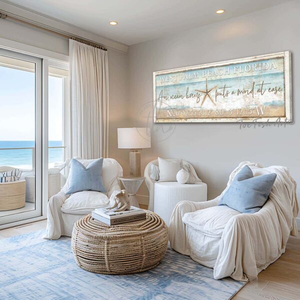 ToeFishArt Personalized Coastal Beach Sign, an ocean breeze puts a mind at ease, Canvas or Outdoor Exterior Commercial-Grade durable Metal Sign handmade in the USA and built to last a lifetime by the Toe Fish Art family artisans. Add your city, state, beach location name, latitude and longitude coordinates to this beautiful vibrant colorful serene beach waves scene nautical artwork for unique, beautiful eye-catching appeal indoors and outdoors. Original, custom, personalized wall decor signs. Canvas, Wood or Metal. Rustic modern farmhouse, cottagecore, vintage, retro, industrial, Americana, primitive, country, coastal, minimalist.