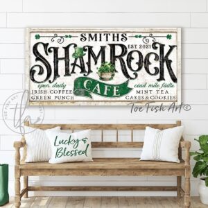 ToeFishArt Shamrock Café Canvas or Outdoor Metal Personalize-able Luck of the Irish Spring St. Patty's Day Decor. Entryway door greeter Seasonal Decoration for Porch curb appeal for your Kitchen, Front Door Entryway, Welcome Holiday Fresh Spring Seasonal Indoor-Outdoor Decoration handmade by woman-owned USA small family business Toe Fish Art. Original, custom, personalized wall decor signs. Canvas, Wood or Metal. Rustic modern farmhouse, cottagecore, vintage, retro, industrial, Americana, primitive, country, coastal, minimalist.