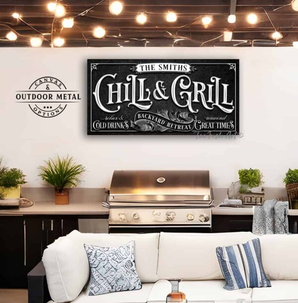 Chill & Grill Backyard Retreat Personalized Sign handmade by ToeFishArt. Personalize-able Canvas or Outdoor Exterior Commercial-Grade Metal Sign handmade in the USA and built to last a lifetime by ToeFishArt. Add your family name and date to this beautiful artwork for unique eye-catching back deck pool patio appeal. Color options available. Original, custom, personalized wall decor signs. Canvas, Wood or Metal. Rustic modern farmhouse, cottagecore, vintage, retro, industrial, Americana, primitive, country, coastal, minimalist.
