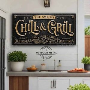 Chill & Grill Backyard Retreat Personalized Sign handmade by ToeFishArt. Personalize-able Canvas or Outdoor Exterior Commercial-Grade Metal Sign handmade in the USA and built to last a lifetime by ToeFishArt. Add your family name and date to this beautiful artwork for unique eye-catching back deck pool patio appeal. Color options available. Original, custom, personalized wall decor signs. Canvas, Wood or Metal. Rustic modern farmhouse, cottagecore, vintage, retro, industrial, Americana, primitive, country, coastal, minimalist.