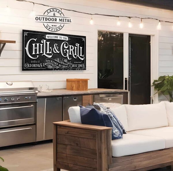 Chill & Grill Backyard Retreat Personalized Sign handmade by ToeFishArt. Personalize-able Canvas or Outdoor Exterior Commercial-Grade Metal Sign handmade in the USA and built to last a lifetime by ToeFishArt. Add your family name and date to this beautiful artwork for unique eye-catching back deck pool patio appeal. Color options available. Original, custom, personalized wall decor signs. Canvas, Wood or Metal. Rustic modern farmhouse, cottagecore, vintage, retro, industrial, Americana, primitive, country, coastal, minimalist.