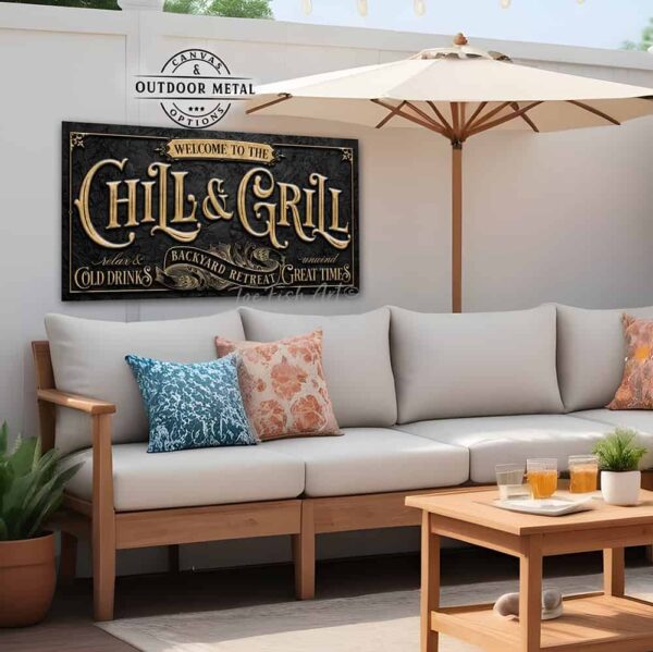 Chill & Grill Backyard Retreat Personalized Sign handmade by ToeFishArt. Personalize-able Canvas or Outdoor Exterior Commercial-Grade Metal Sign handmade in the USA and built to last a lifetime by ToeFishArt. Add your family name and date to this beautiful artwork for unique eye-catching back deck pool patio appeal. Color options available. Original, custom, personalized wall decor signs. Canvas, Wood or Metal. Rustic modern farmhouse, cottagecore, vintage, retro, industrial, Americana, primitive, country, coastal, minimalist.