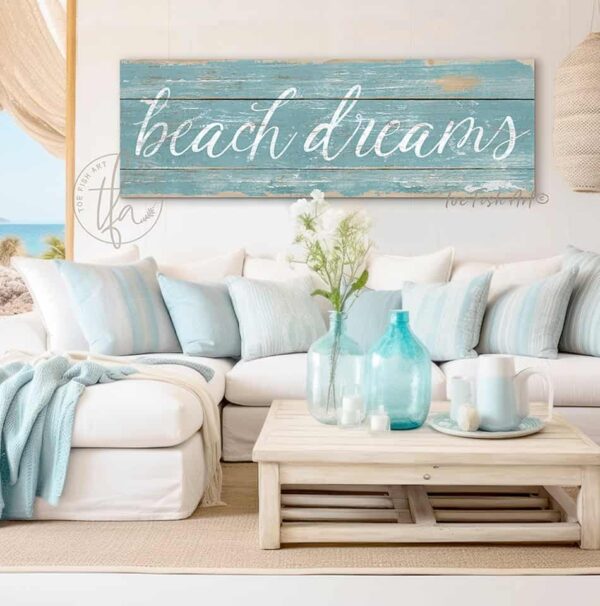 Toe Fish Art Beach Dreams Sign, Coastal Wall Decor, Vintage Aquamarine Sea Blue-Green with White lettering, Reclaimed Pallet style, Outdoor Metal or Rustic Canvas with framing options, Personalize-able rustic coastal farmhouse sign, in beautiful vintage beach cottage ocean blues, handmade in the USA by ToeFishArt. Outdoor Exterior Commercial-Grade durable Metal Sign handmade in the USA and built to last a lifetime by the Toe Fish Art family artisans. Unique eye-catching decor indoors or outdoor curb appeal. Original, custom, personalized wall decor signs. Canvas, Wood or Metal. Rustic modern farmhouse, cottagecore, vintage, retro, industrial, Americana, primitive, country, coastal, minimalist.