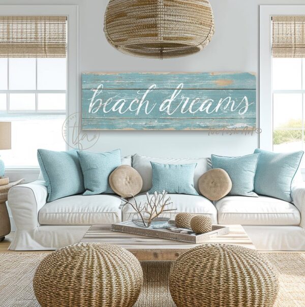 Toe Fish Art Beach Dreams Sign, Coastal Wall Decor, Vintage Aquamarine Sea Blue-Green with White lettering, Reclaimed Pallet style, Outdoor Metal or Rustic Canvas with framing options, Personalize-able rustic coastal farmhouse sign, in beautiful vintage beach cottage ocean blues, handmade in the USA by ToeFishArt. Outdoor Exterior Commercial-Grade durable Metal Sign handmade in the USA and built to last a lifetime by the Toe Fish Art family artisans. Unique eye-catching decor indoors or outdoor curb appeal. Original, custom, personalized wall decor signs. Canvas, Wood or Metal. Rustic modern farmhouse, cottagecore, vintage, retro, industrial, Americana, primitive, country, coastal, minimalist.